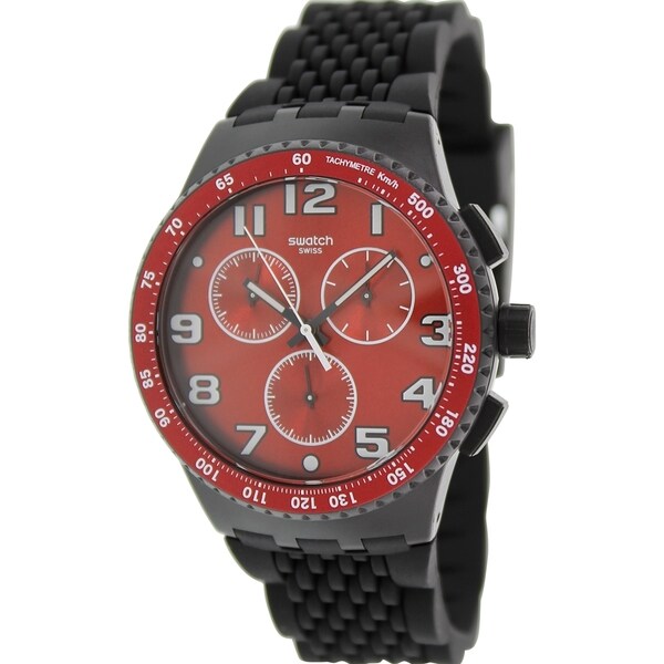 Swatch Men's Originals SUSB101 Black Rubber Swiss Quartz Watch with Red Dial