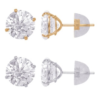 14k Solid Gold 7mm Round Duo Superbright Cubic Zirconia Stud Earrings Set