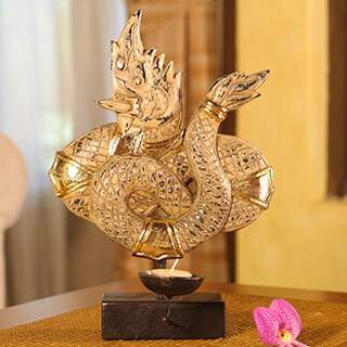 Hand-crafted Raintree Wood 'Moonlight Naga' Candleholder (Thailand)