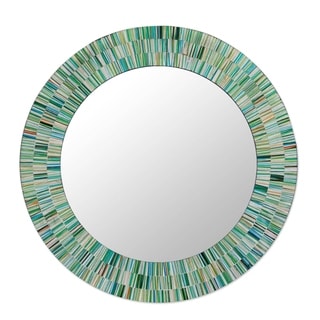 Handcrafted Mosaic Glass 'Aqua Fantasy' Wall Mirror (India)