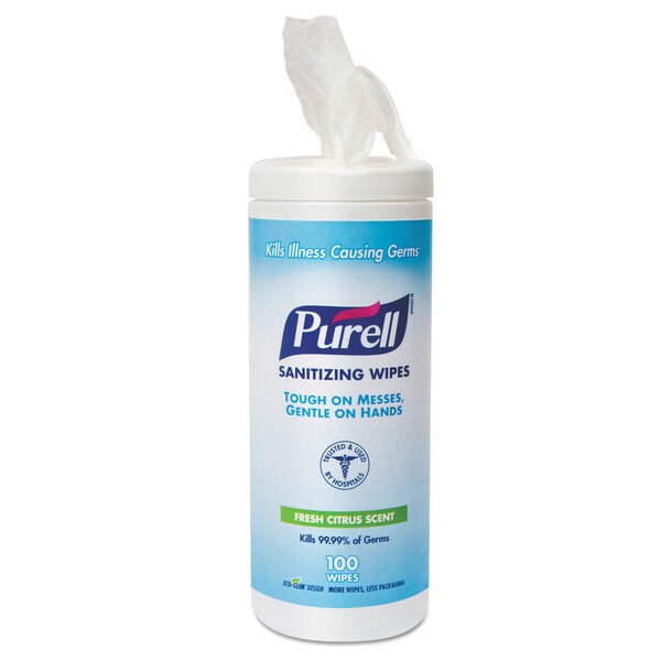 PURELL Premoistened Sanitizing Wipes, Cloth, 5.78" x 7", 100/Canister