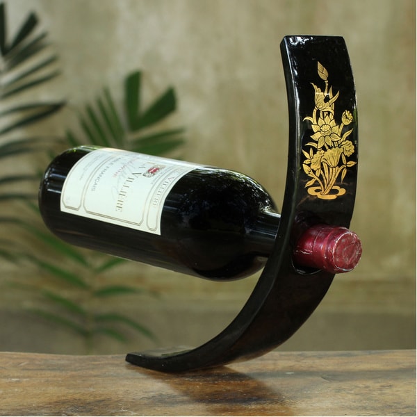 Lacquered Mango Wood 'Golden Lotus' Wine Bottle Holder (Thailand