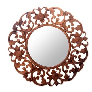 Handcrafted Suar Wood 'Balsamina Buds' Wall Mirror (Indonesia)