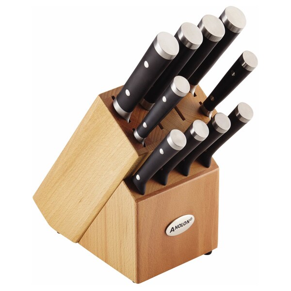 Anolon Cutlery 11-Piece Japanese Stainless Steel Knife Block Set, Black