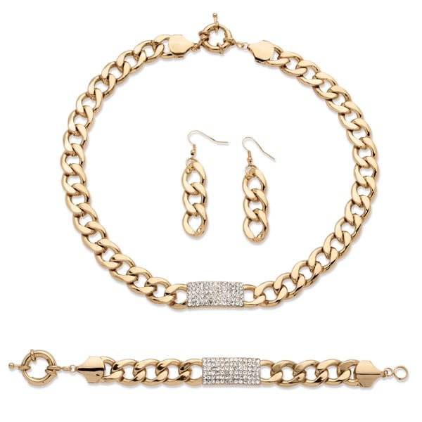 PalmBeach 3 Piece Curb-Link Crystal I.D. Necklace, Bracelet And Drop Earrings Set in Yellow Gold Tone Bold Fashion