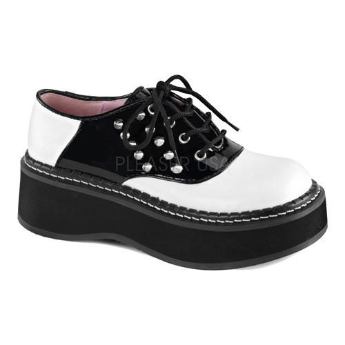 Women's Demonia Emily 303 Saddle Shoe White Vegan Leather/Black Patent
