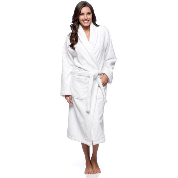 Salbakos Bright White Small Shawl Collar Turkish Combed Cotton Terry Bath Robe As Is Item
