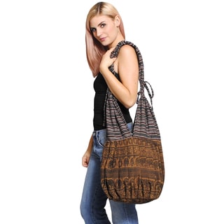 Boho Chic Natural Elephant Print Side Sling Cotton Hobo Bag (Nepal)