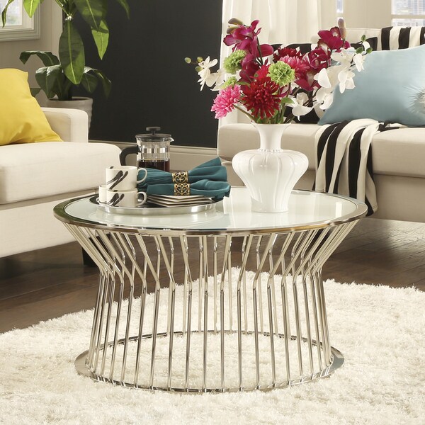 INSPIRE Q Cyril Frosted Glass Top Drum Metal Cocktail Table 16986114