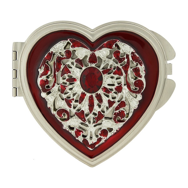 1928 Silver-toned Enamel/ Crystal Heart Mirror Compact