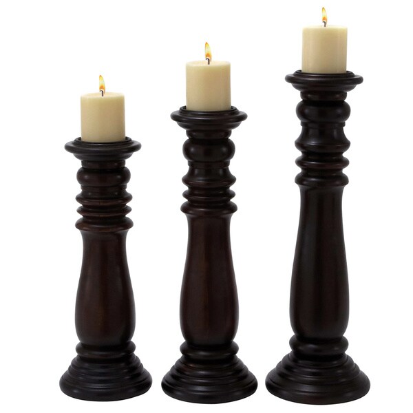 Casa Cortes Turned Wood Pillar Candle Holders (Set of 3)