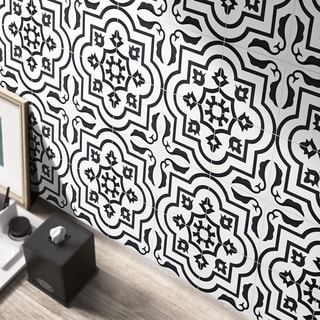 Pack of 12 Handmade Taza Black and White Cement and Granite 8-inch Floor or Wall Tile (Morocco)