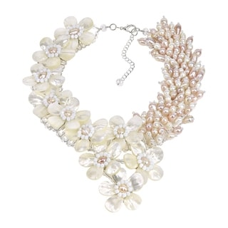 Elegant Blush Mother of Pearl and Pearl Floral Necklace (Thailand)