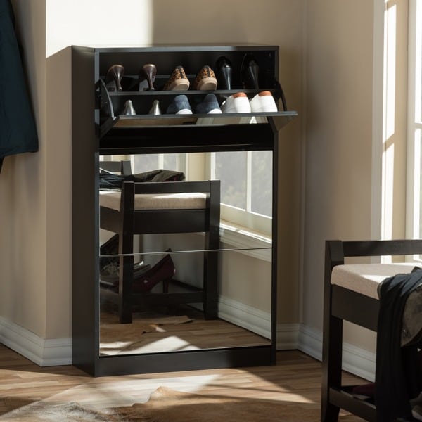 Albany Wood Shoe Storage Cabinet with Mirror In Black