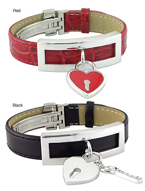 Silver Heart Charm Red Leather Bracelet  