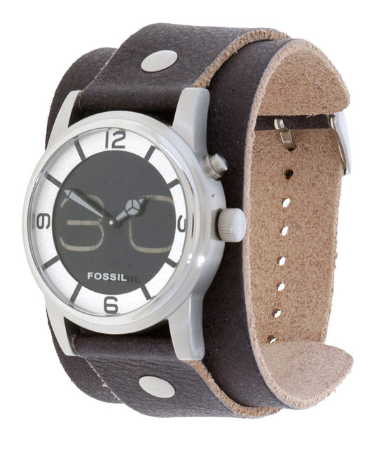 Fossil Men's Black Dial Big Tic Black Leather Cuff Strap Watch
