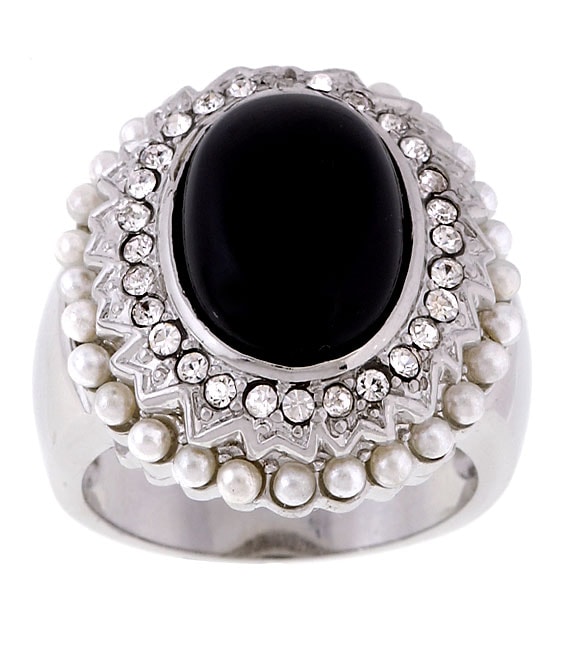 Sterling Silver Onyx Pearl Elizabethan Ring  