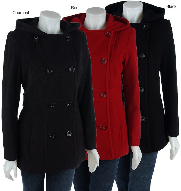 Anne Klein Hooded Wool Coat with Waist Buttons  