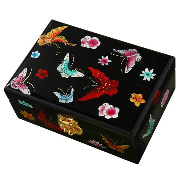    painted Butterfly/ Flower Black Lacquer Jewelry Box  