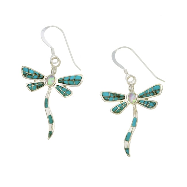 Sterling Silver Turquoise Opal Dragonfly Earrings  