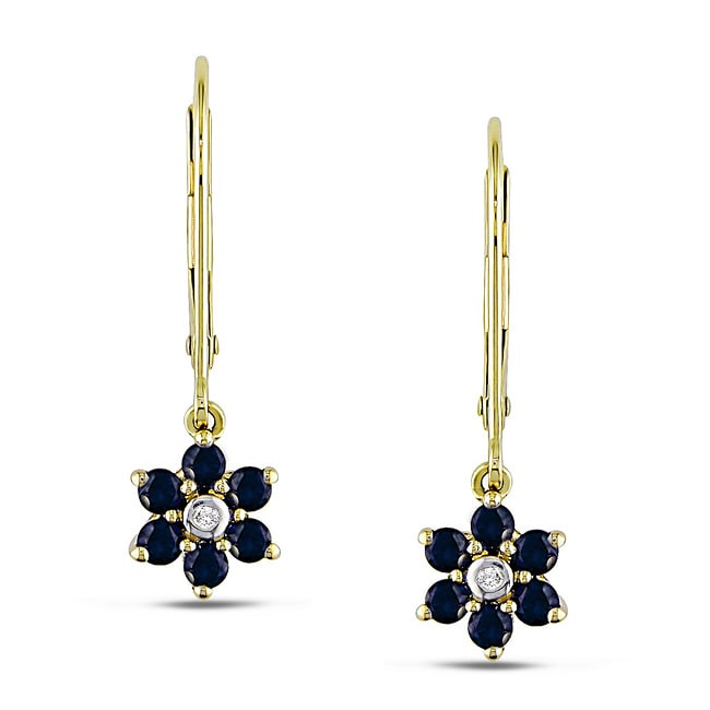 14k Gold Blue Sapphire and Diamond Flower Earrings  