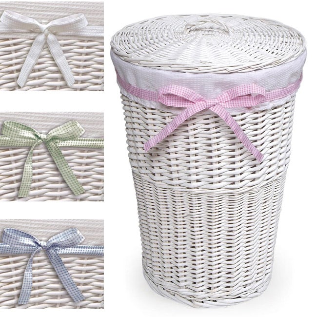 White Round Rattan Hamper with White Waffle Liner 11359886