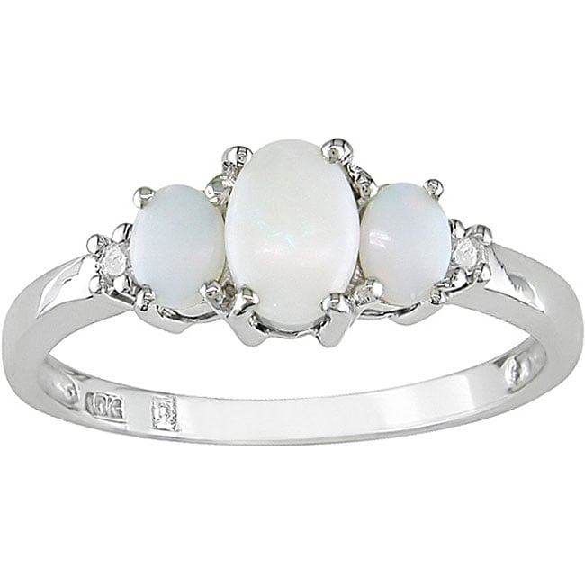 10k White Gold Diamond and Opal Three stone Ring  