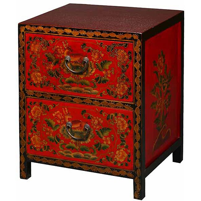 Tibetan Red/ Black Hand painted Floral End Table