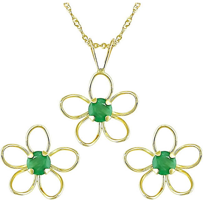 14k Yellow Gold Emerald Earrings and Necklace Set  