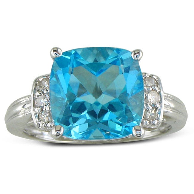 10k White Gold 1/8ct TDW Diamond Blue Topaz Ring