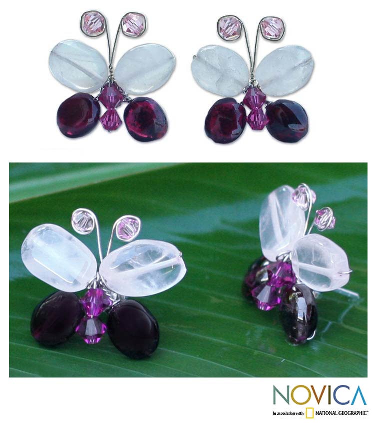 Silver Garnet/ Rose Quartz Exotic Butterfly Earrings (Thailand 