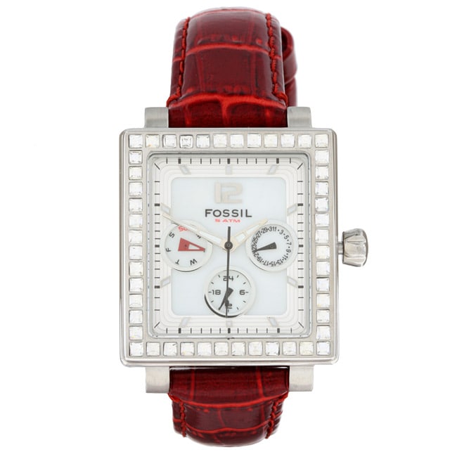 Fossil Mens Clear Crystal Red Strap Watch  