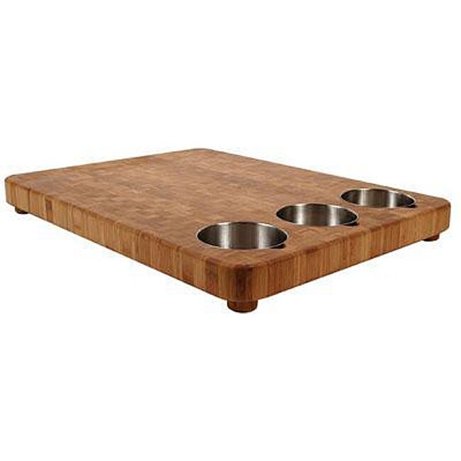 Large Bamboo Prep Board with 3 Stainless Steel Bowls