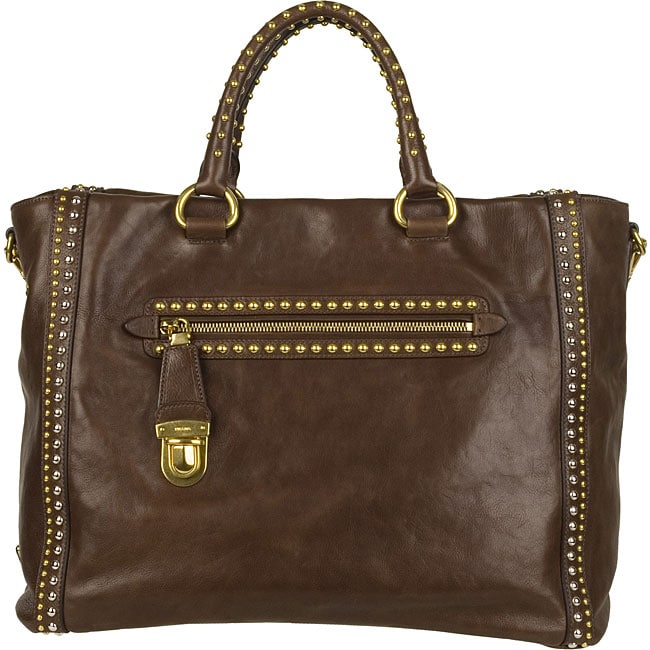 Prada Brown Leather and Stud Designer Handbag