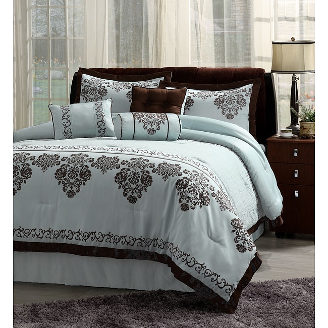 7pc Fontain Icy Blue and Brown Cal King Comforter Bedding Ensemble ...