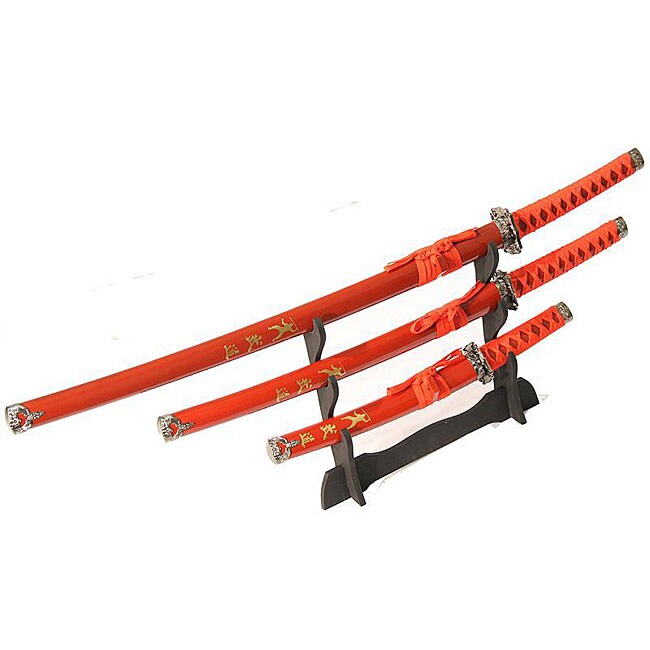 Ninja Symbol 3 piece Red Samurai Sword Set  