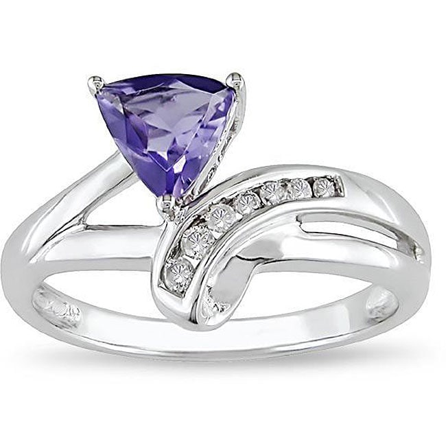 14k White Gold Iolite and Diamond Bypass style Ring  
