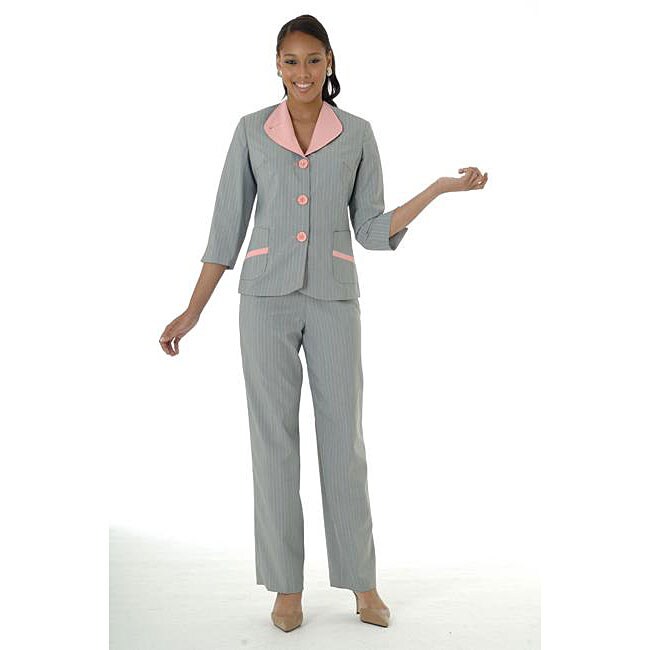   Womens Grey/ Pink Contrast Pinstripe Pant Suit  