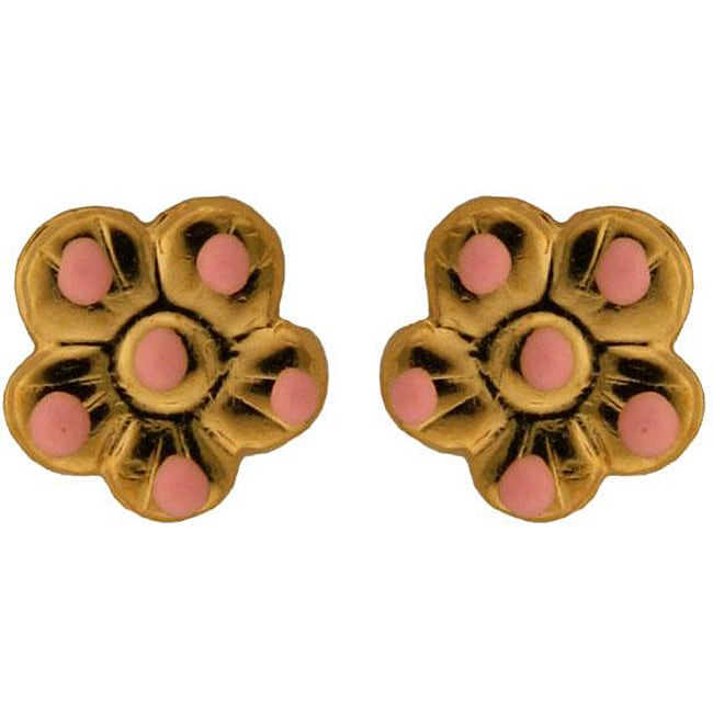 14k Yellow Gold Pink Enameled Flower Petals Stud Earrings