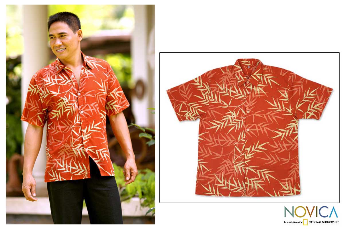 Orange Bamboo Design Mens Cotton Batik Shirt (Indonesia 