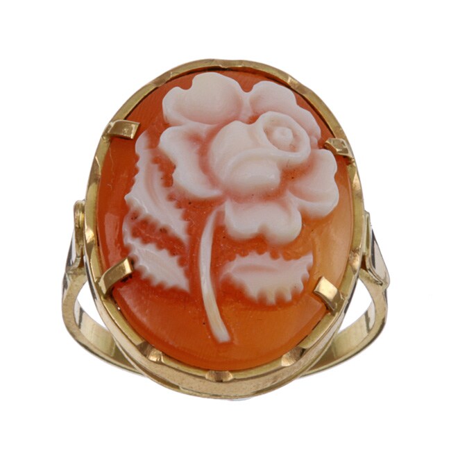 14k Yellow Gold Hand carved Shell Cameo Flower Ring
