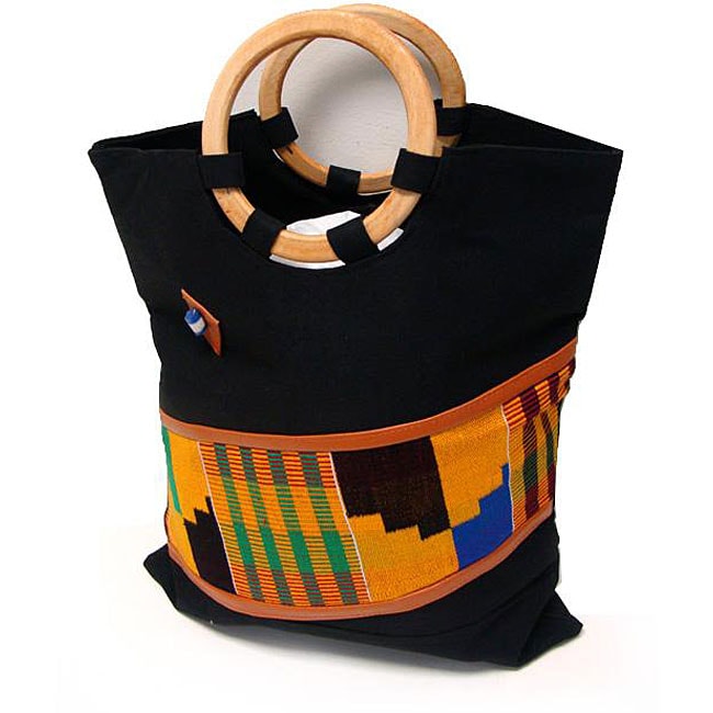 Handmade Kente Fabric Bag with Wooden Handles (Ghana) 12722126
