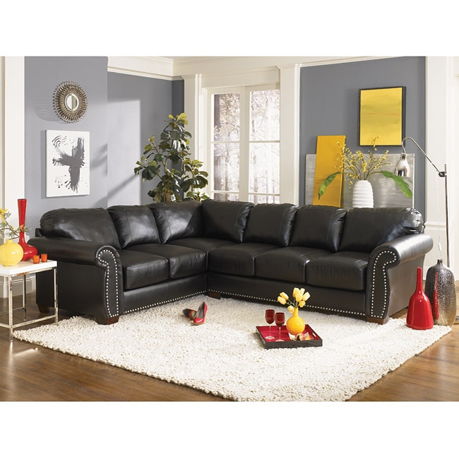 Black Bonded Leather Nail Head Sectional Sofa 13082443 Overstock