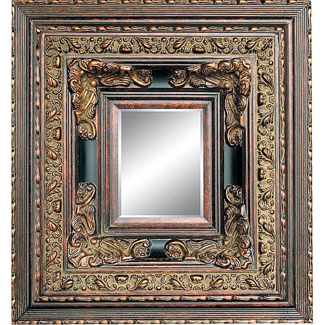 Rectangular Framed Dark Gold Patina Wood Wall Mirror  