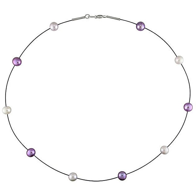 Purple and White Freshwater Pearl Wire Necklace (6 7 mm)   