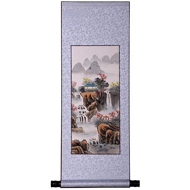 Mountain Waterfall Temple Wall Art Scroll Painting (China 