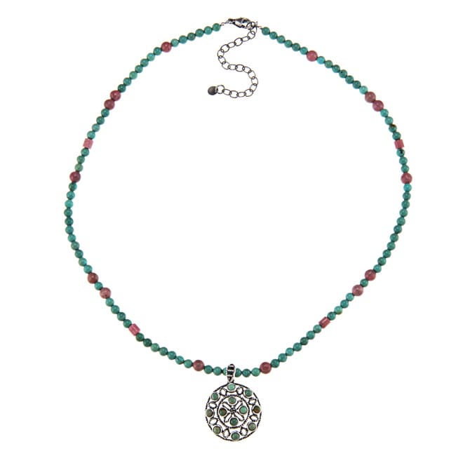 Southwest Moon Sterling Silver Rhodonite and Green Turquoise Necklace 