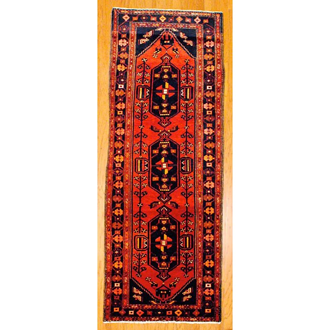 Persian Hand knotted Red/ Navy Tribal Hamadan Wool Rug (36 x 98