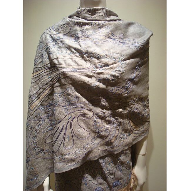 Selection Privee Lou Blue Wool  and Silk blend Embroidered Shawl 