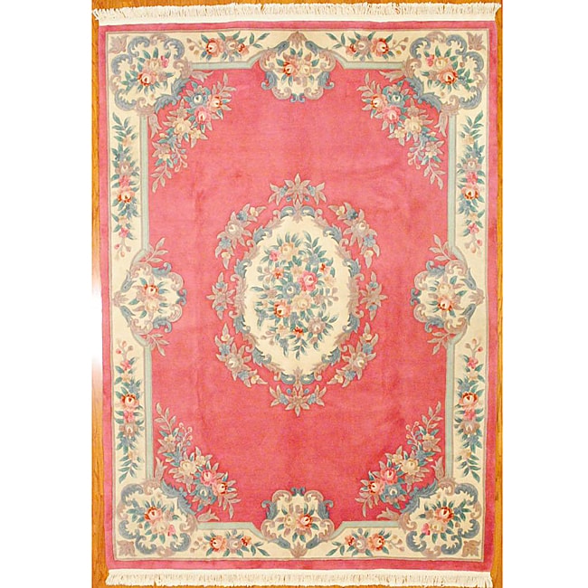  knotted Pink/ Ivory Auboussan Wool Rug (8 x 113)